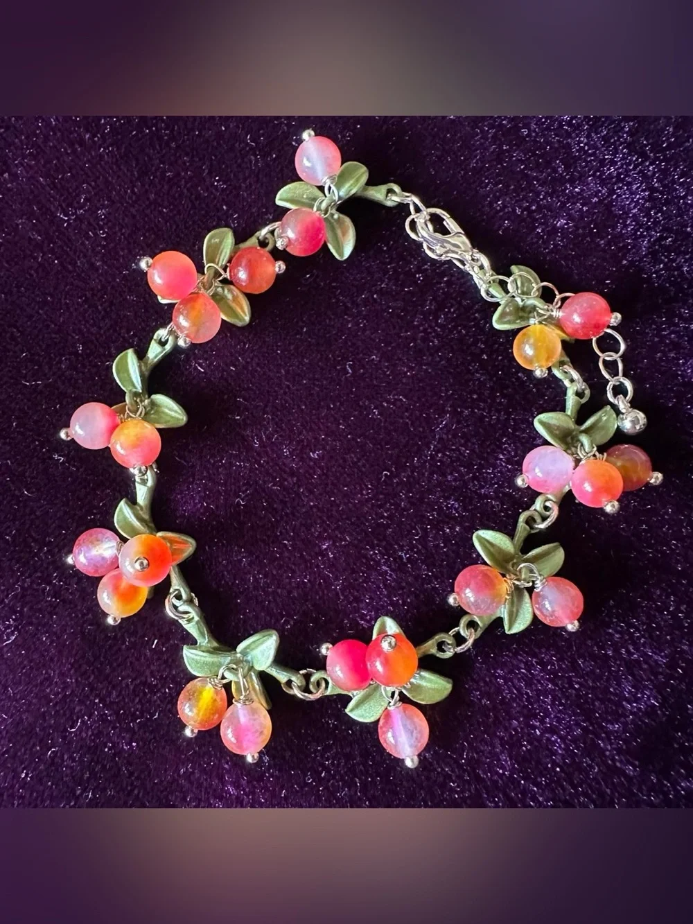Real stone crystal orange yellow and green cranberry bead leaf bracelet.